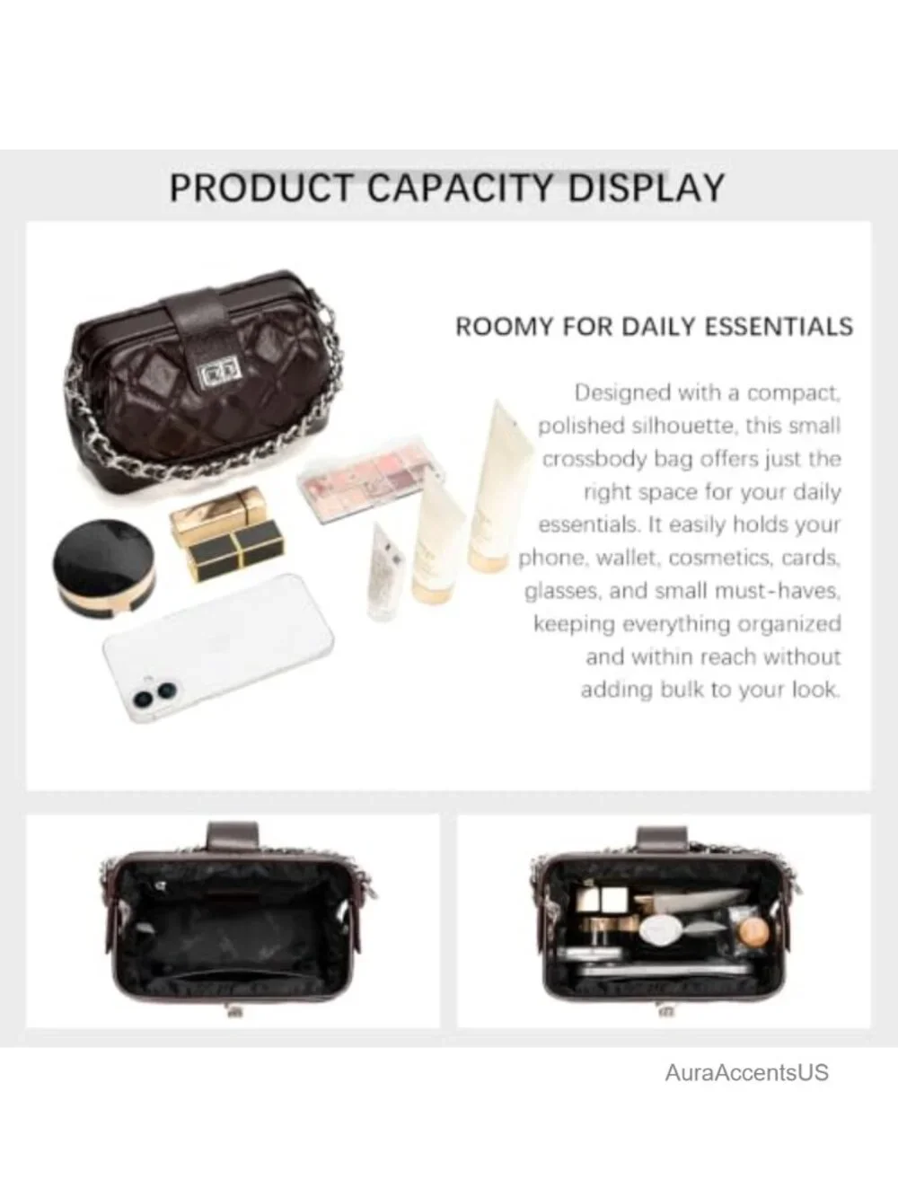 Mini Quilted Crossbody & Top Handle Bag, Vegan Leather with Detachable Chain
